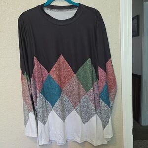 Black Long Sleeve Geometric Diamond Print Top